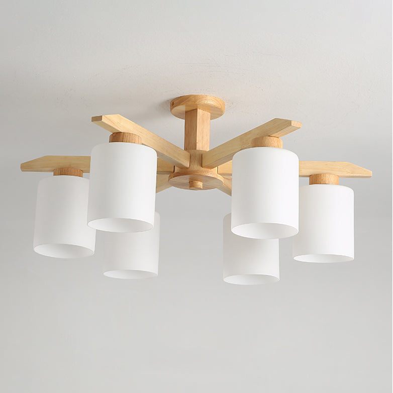 Cylindrical Semi Flush Ceiling Light Simple Style Living Room Wood Ceiling Lamp in Beige