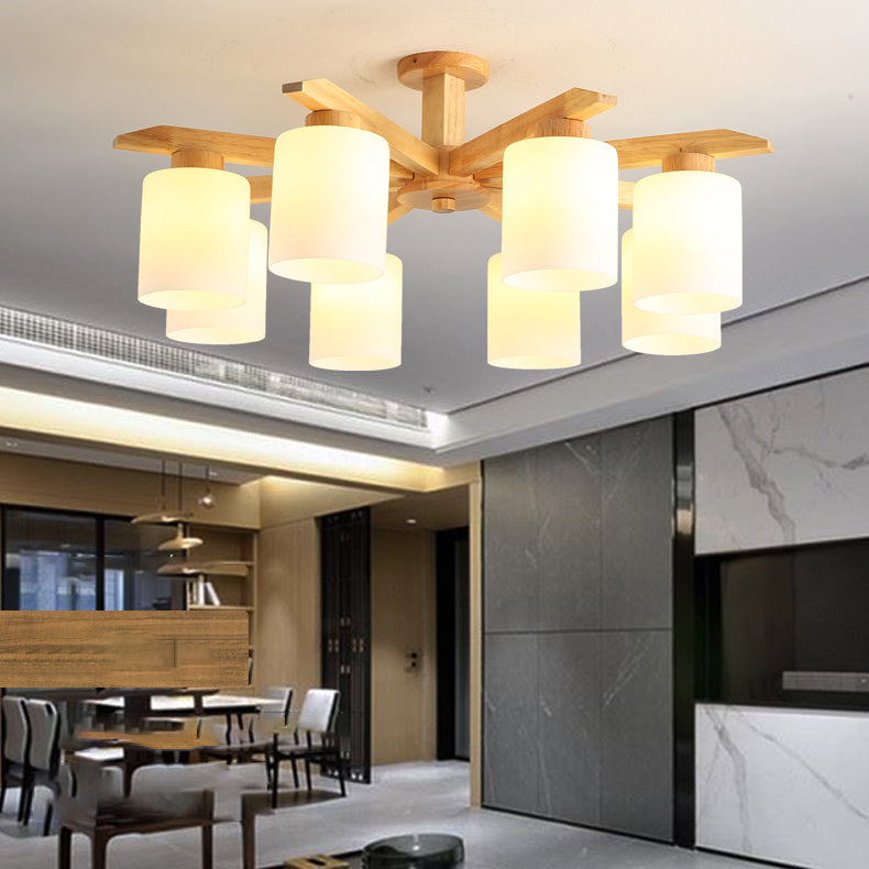 Cylindrical Semi Flush Ceiling Light Simple Style Living Room Wood Ceiling Lamp in Beige