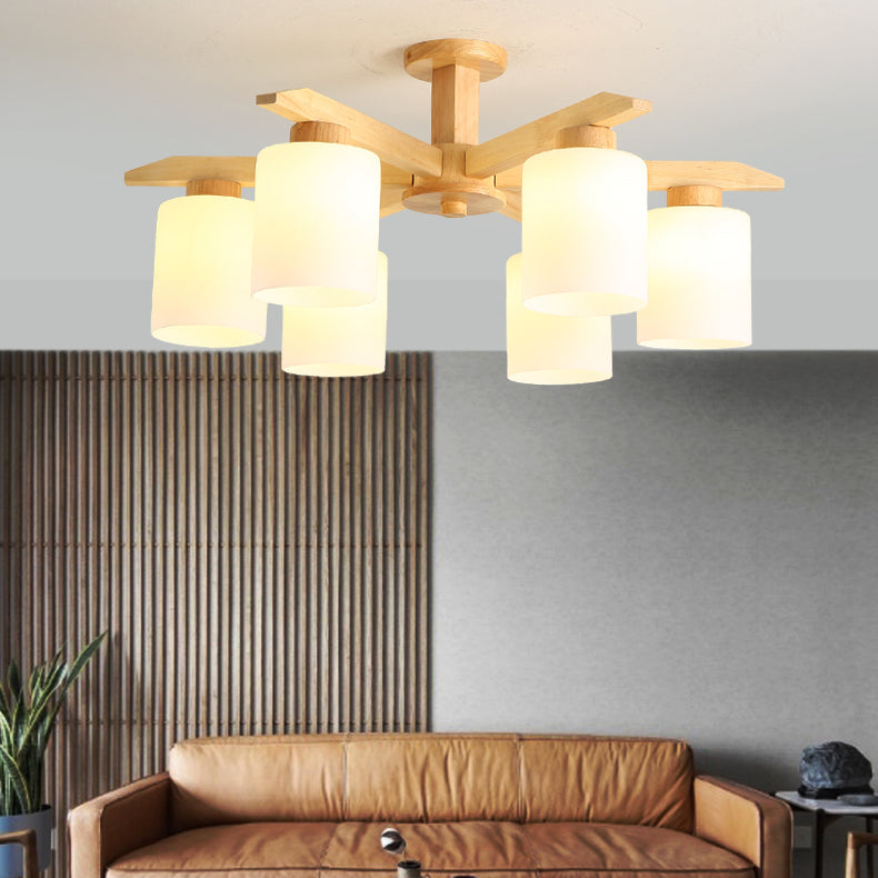 Cylindrical Semi Flush Ceiling Light Simple Style Living Room Wood Ceiling Lamp in Beige