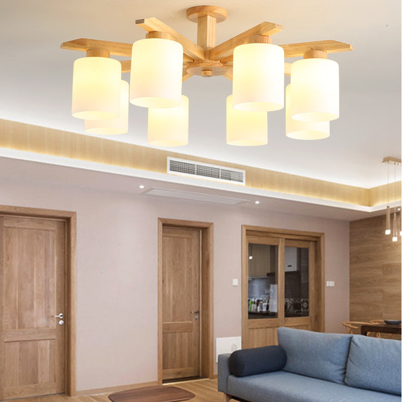 Cylindrical Semi Flush Ceiling Light Simple Style Living Room Wood Ceiling Lamp in Beige