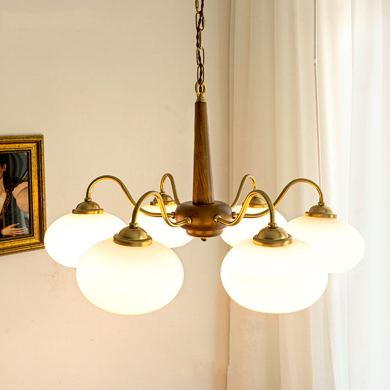 Wooden Chandelier Gold Globe Hanging Light with White Glass for Living Room