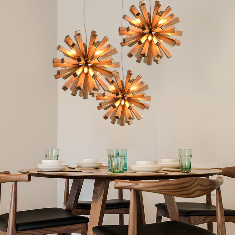 Wood Nordic Style Chandelier 10 Lights Hanging Light for Restaurant