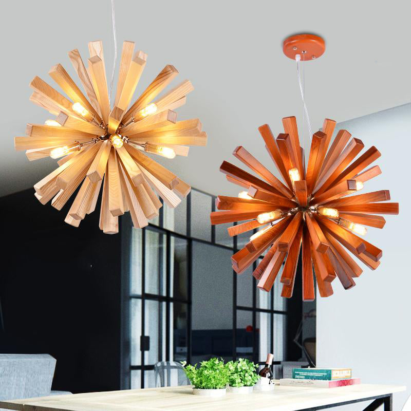 Wood Nordic Style Chandelier 10 Lights Hanging Light for Restaurant