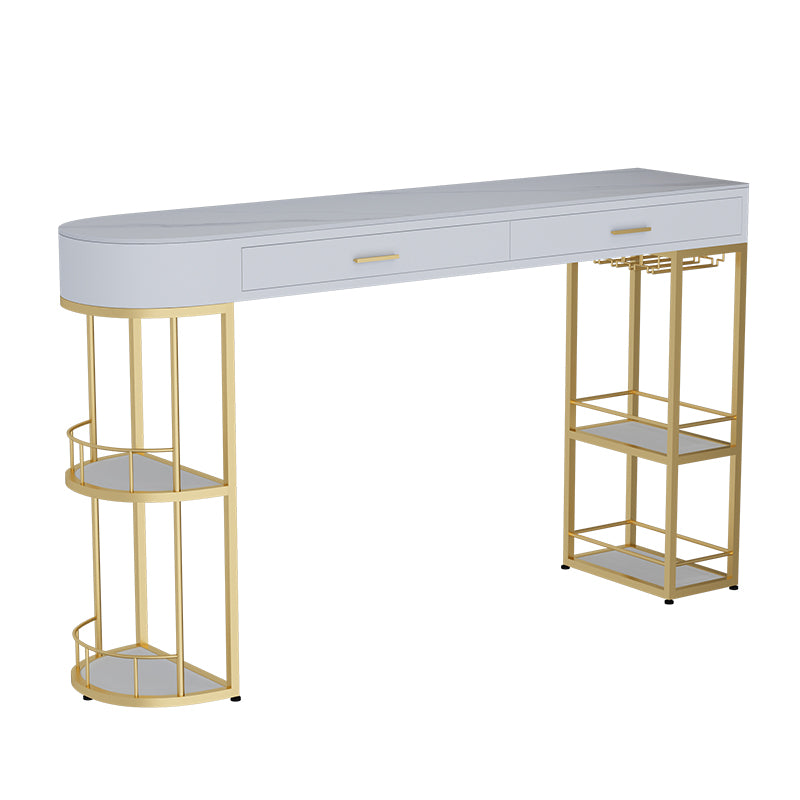 Stone Indoor Glam Bar Dining Table Iron Double Pedestal Bistro Table with Drawer