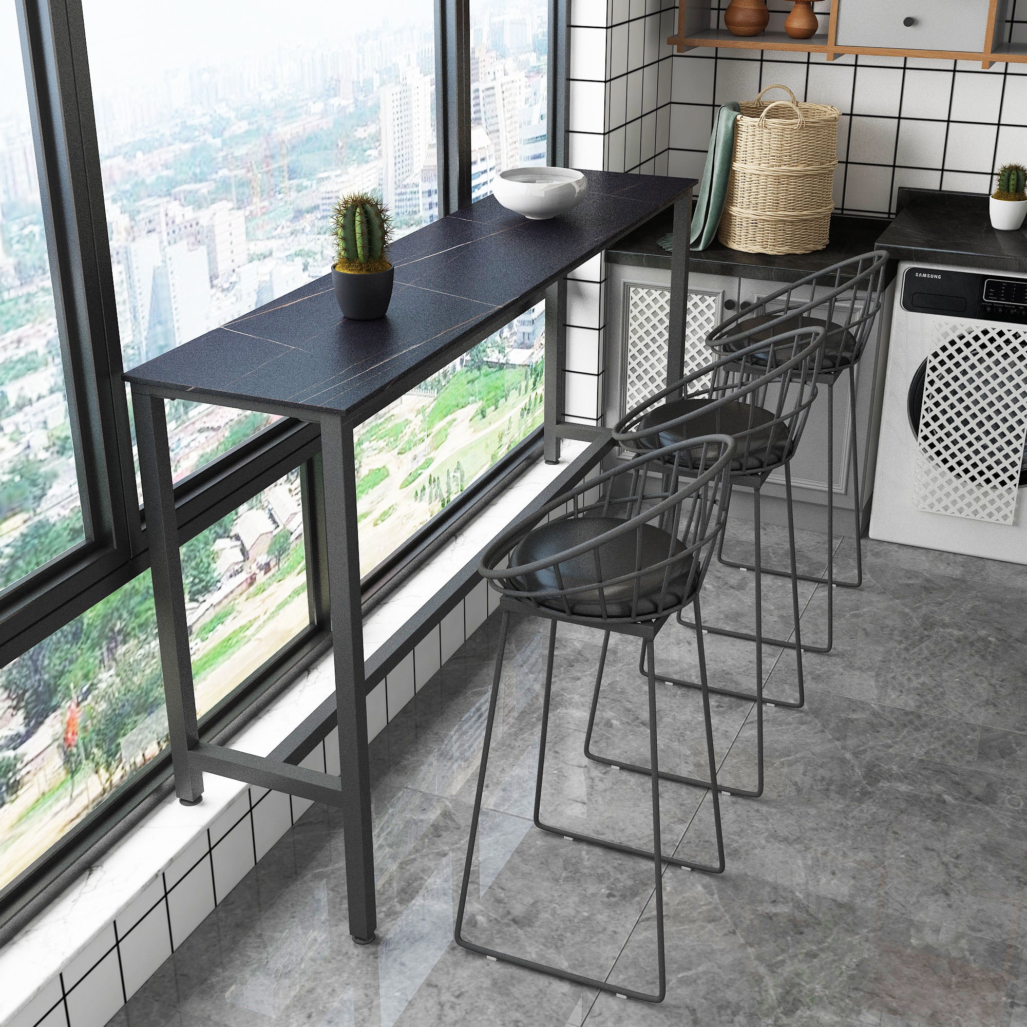 Rectangle Stone Modern Cocktail Bar Table Footrest Trestle Pub Height Dining Table