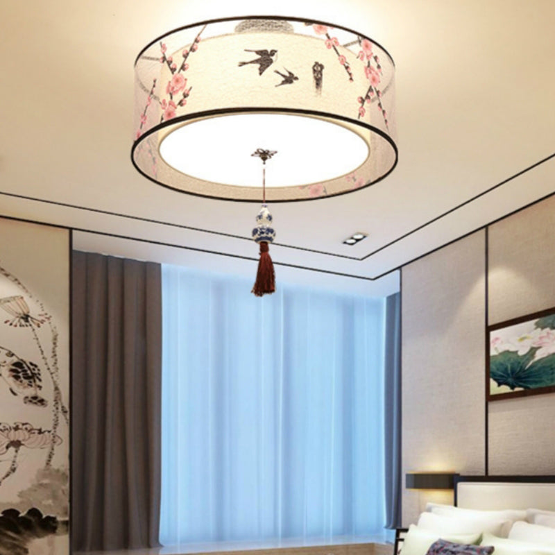 Chinese Style Flush Mounted Lights Fabric Shade Ceiling Lamp for Sitting Room