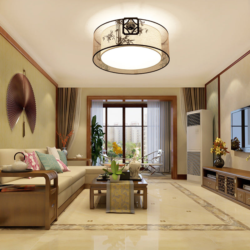 Chinese Style Flush Mounted Lights Fabric Shade Ceiling Lamp for Sitting Room