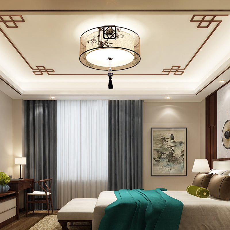 Chinese Style Flush Mounted Lights Fabric Shade Ceiling Lamp for Sitting Room