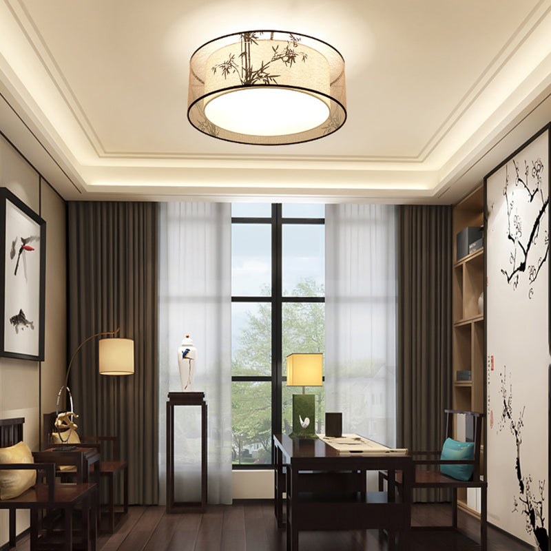 Chinese Style Flush Mounted Lights Fabric Shade Ceiling Lamp for Sitting Room
