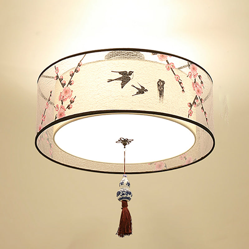 Chinese Style Flush Mounted Lights Fabric Shade Ceiling Lamp for Sitting Room