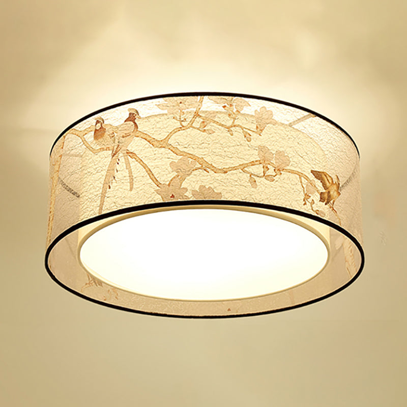 Chinese Style Flush Mounted Lights Fabric Shade Ceiling Lamp for Sitting Room