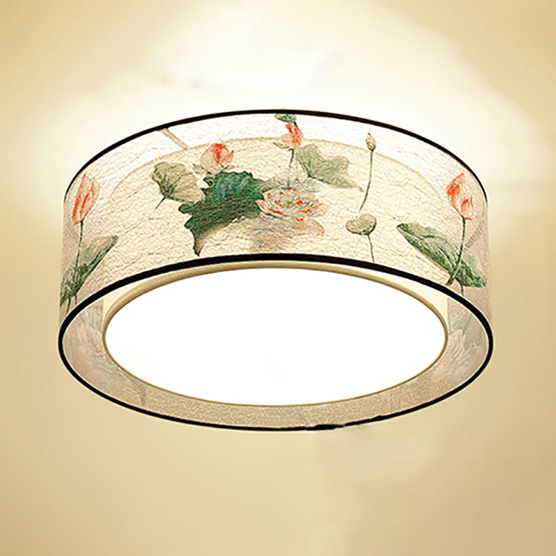 Chinese Style Flush Mounted Lights Fabric Shade Ceiling Lamp for Sitting Room