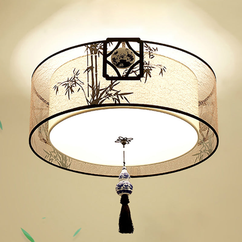 Chinese Style Flush Mounted Lights Fabric Shade Ceiling Lamp for Sitting Room
