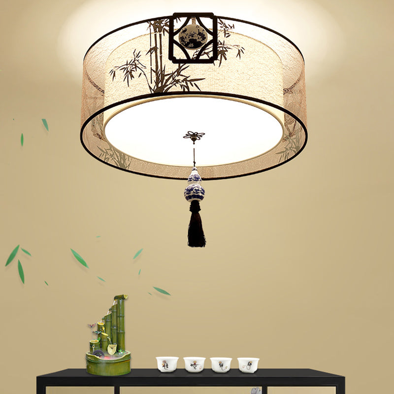 Chinese Style Flush Mounted Lights Fabric Shade Ceiling Lamp for Sitting Room