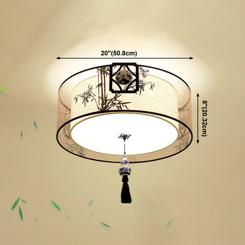 Chinese Style Flush Mounted Lights Fabric Shade Ceiling Lamp for Sitting Room