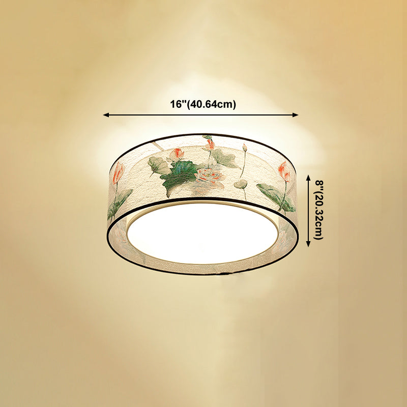 Chinese Style Flush Mounted Lights Fabric Shade Ceiling Lamp for Sitting Room
