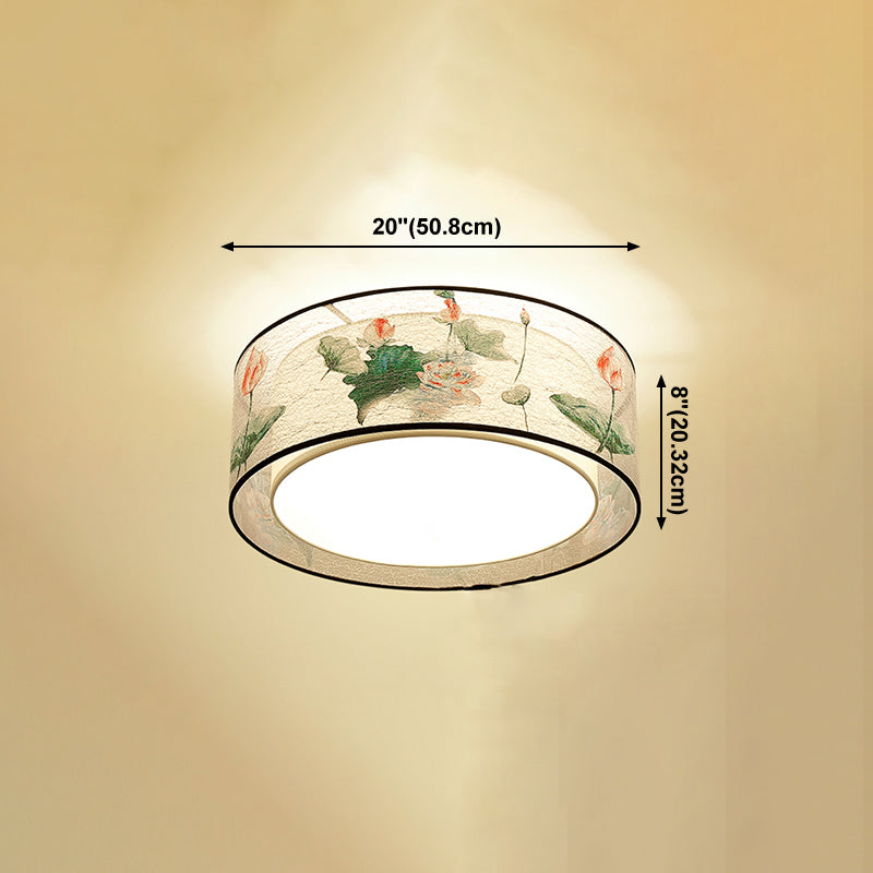 Chinese Style Flush Mounted Lights Fabric Shade Ceiling Lamp for Sitting Room