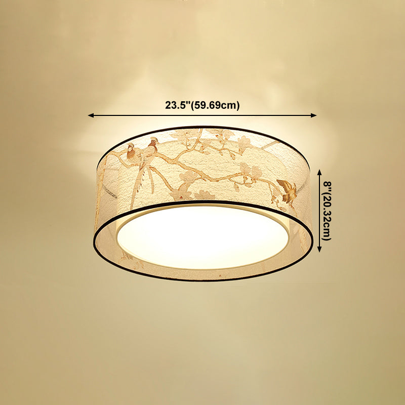 Chinese Style Flush Mounted Lights Fabric Shade Ceiling Lamp for Sitting Room