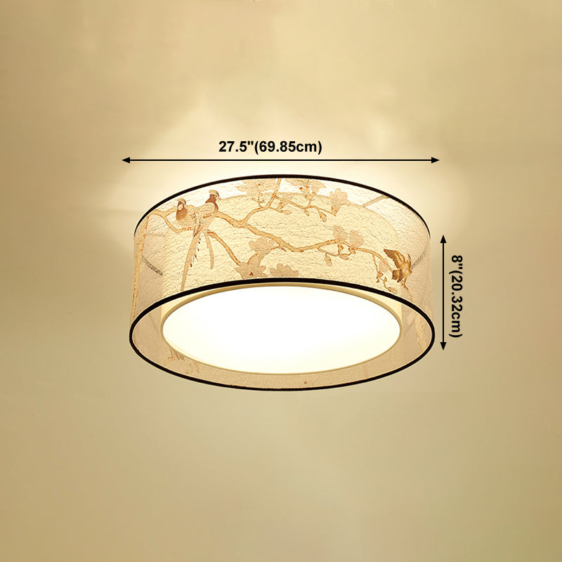 Chinese Style Flush Mounted Lights Fabric Shade Ceiling Lamp for Sitting Room