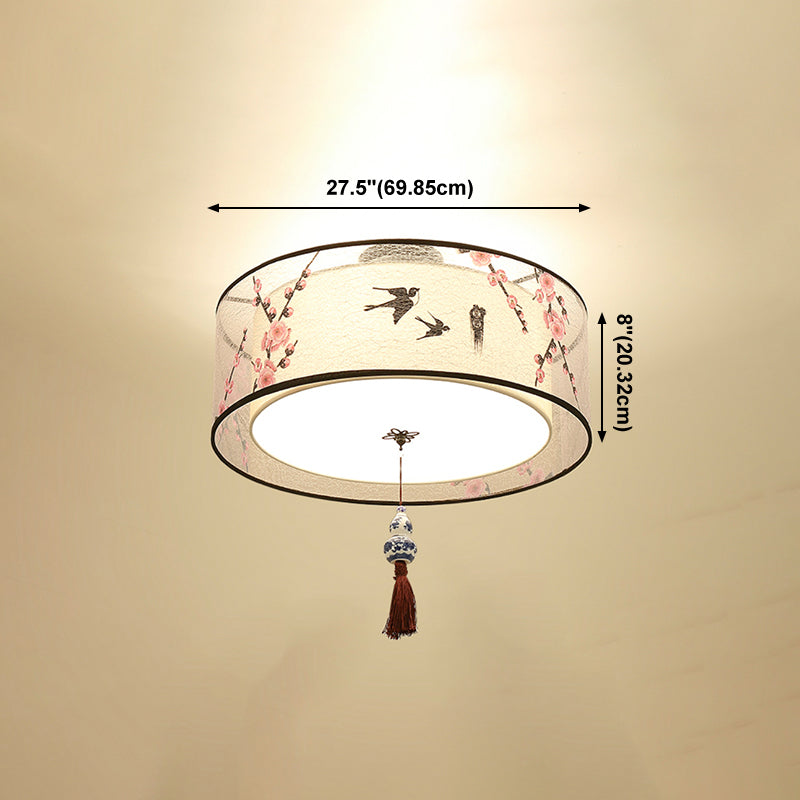 Chinese Style Flush Mounted Lights Fabric Shade Ceiling Lamp for Sitting Room
