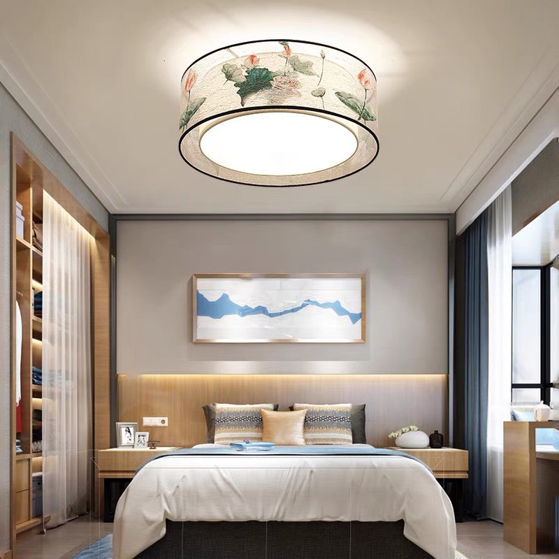 Asia Style Flush Mount Light Fabric Shade Ceiling Lamp for Living Room Dining Room