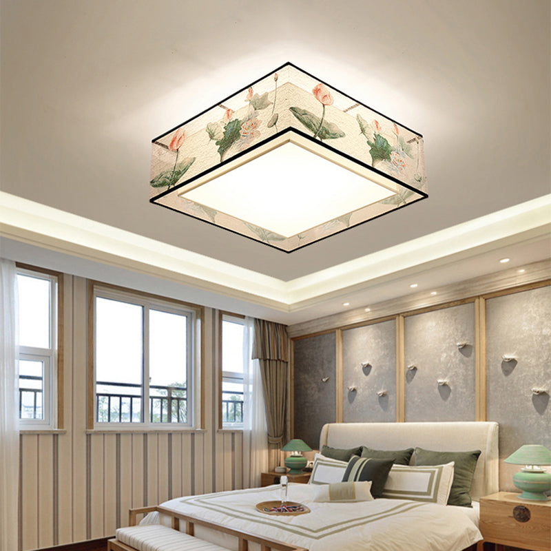 Asia Style Flush Mount Light Fabric Shade Ceiling Lamp for Living Room Dining Room
