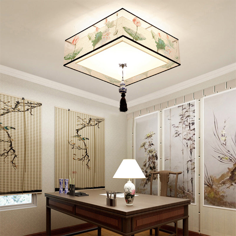 Asia Style Flush Mount Light Fabric Shade Ceiling Lamp for Living Room Dining Room