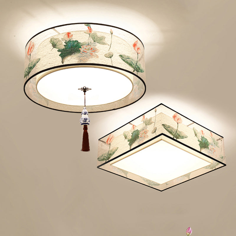 Asia Style Flush Mount Light Fabric Shade Ceiling Lamp for Living Room Dining Room