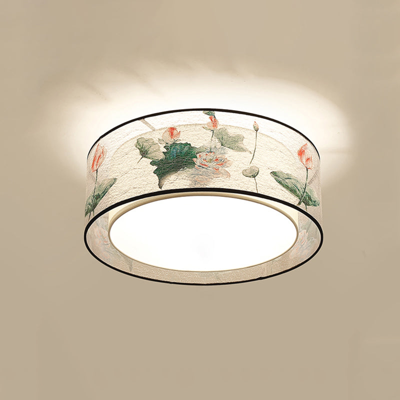 Asia Style Flush Mount Light Fabric Shade Ceiling Lamp for Living Room Dining Room