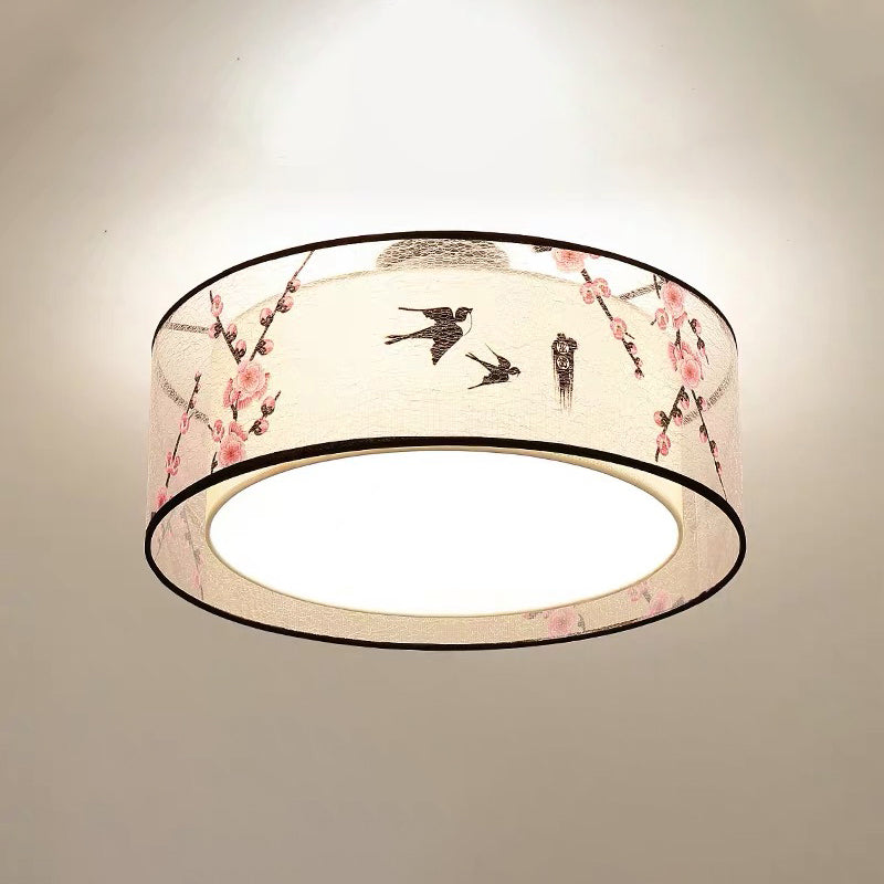 Asia Style Flush Mount Light Fabric Shade Ceiling Lamp for Living Room Dining Room
