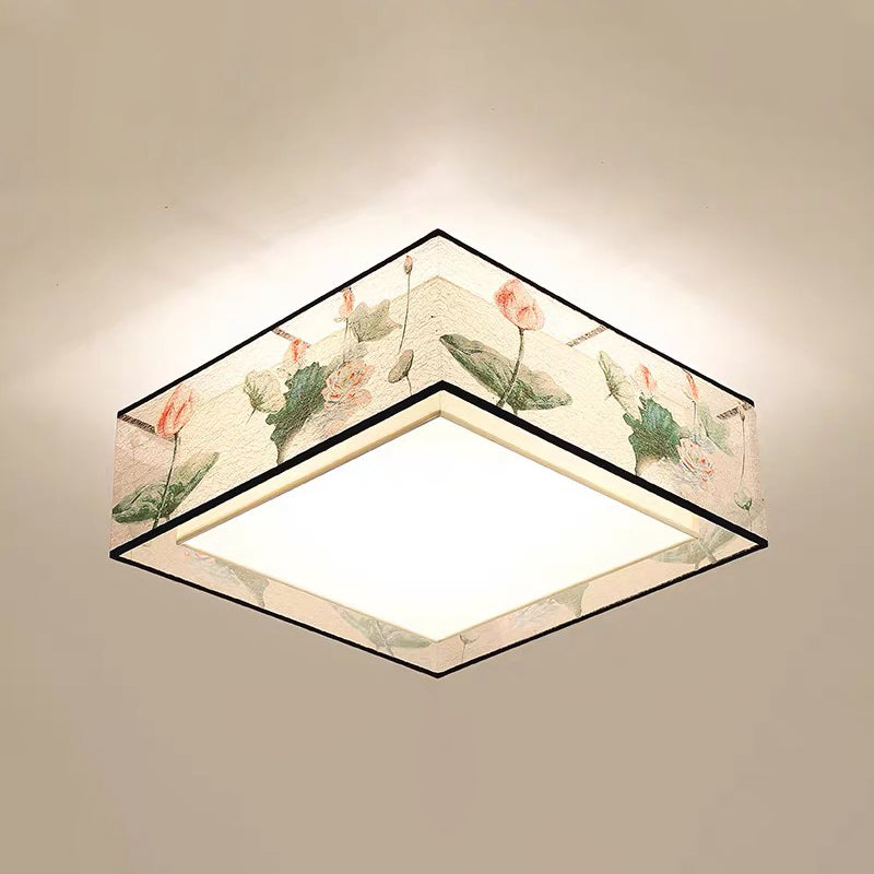 Asia Style Flush Mount Light Fabric Shade Ceiling Lamp for Living Room Dining Room