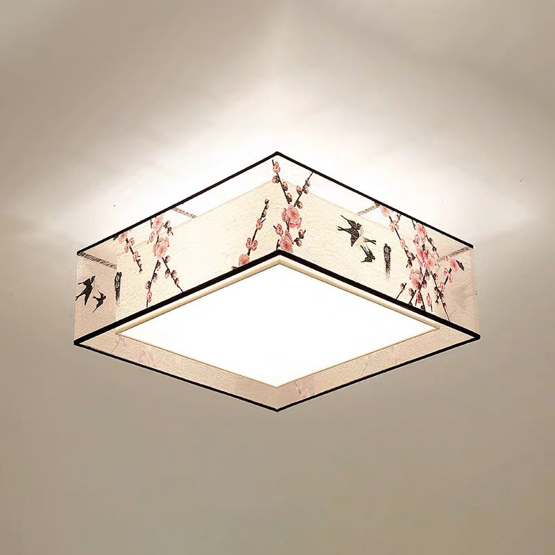 Asia Style Flush Mount Light Fabric Shade Ceiling Lamp for Living Room Dining Room