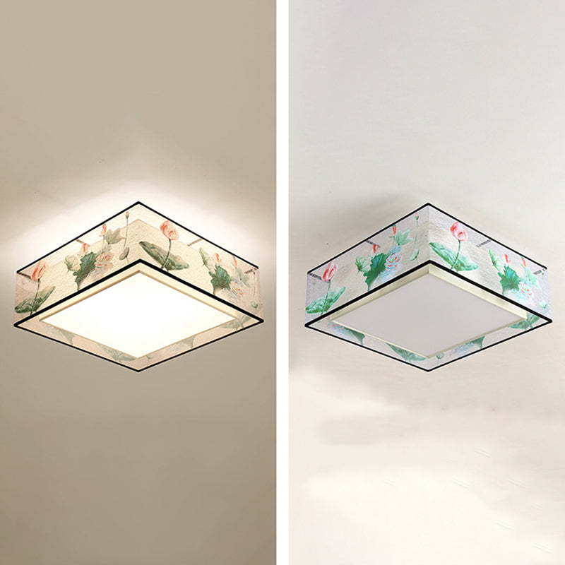 Asia Style Flush Mount Light Fabric Shade Ceiling Lamp for Living Room Dining Room