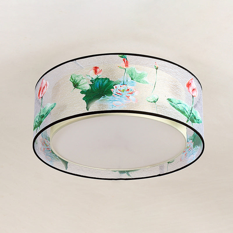 Asia Style Flush Mount Light Fabric Shade Ceiling Lamp for Living Room Dining Room