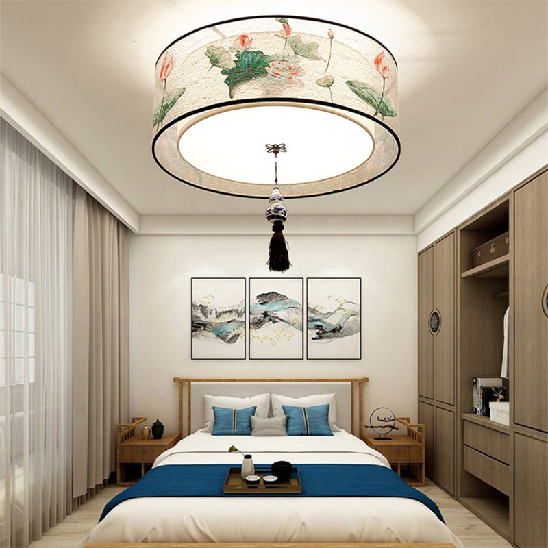 Asia Style Flush Mount Light Fabric Shade Ceiling Lamp for Living Room Dining Room