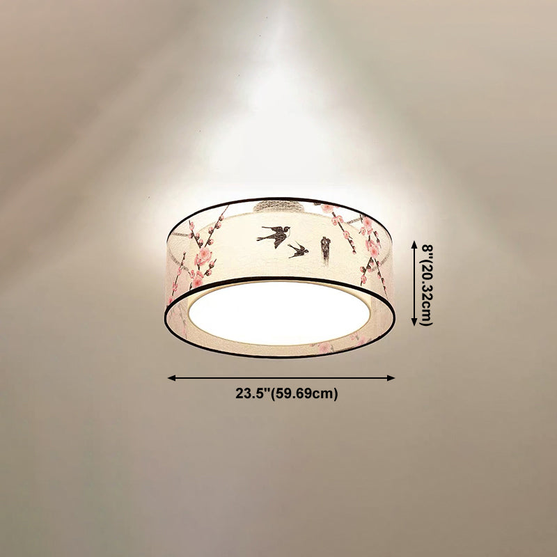 Asia Style Flush Mount Light Fabric Shade Ceiling Lamp for Living Room Dining Room