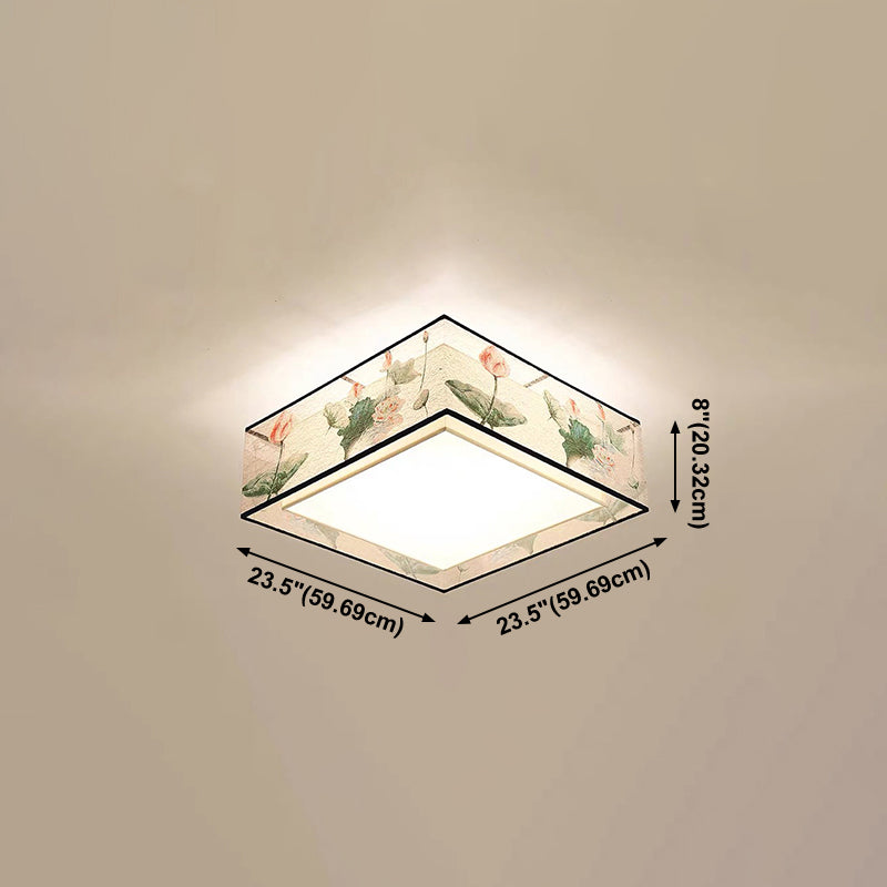 Asia Style Flush Mount Light Fabric Shade Ceiling Lamp for Living Room Dining Room