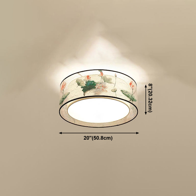 Asia Style Flush Mount Light Fabric Shade Ceiling Lamp for Living Room Dining Room