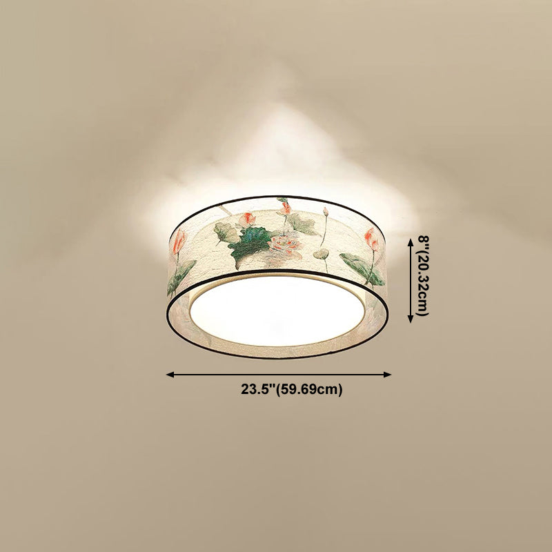 Asia Style Flush Mount Light Fabric Shade Ceiling Lamp for Living Room Dining Room