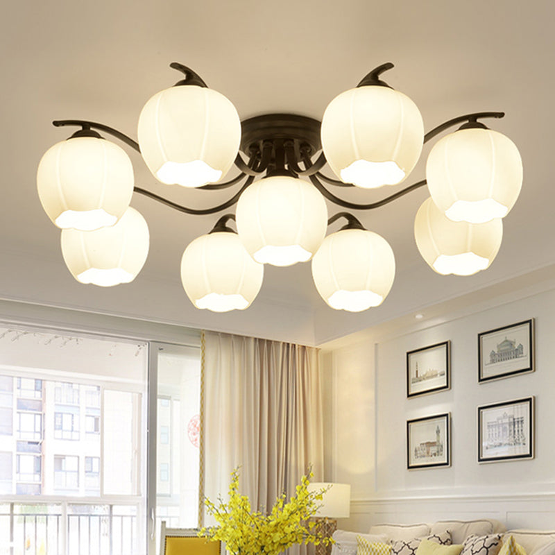 Glass Spherical Semi-Flush Mount Light Simple Living Room Ceiling Light in Black