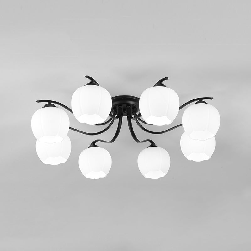 Glass Spherical Semi-Flush Mount Light Simple Living Room Ceiling Light in Black