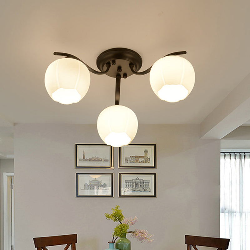 Glass Spherical Semi-Flush Mount Light Simple Living Room Ceiling Light in Black