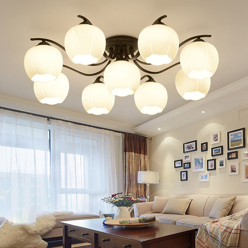 Glass Spherical Semi-Flush Mount Light Simple Living Room Ceiling Light in Black