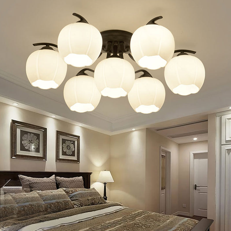 Glass Spherical Semi-Flush Mount Light Simple Living Room Ceiling Light in Black