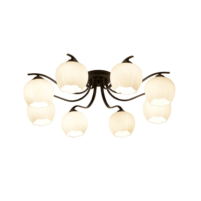 Glass Spherical Semi-Flush Mount Light Simple Living Room Ceiling Light in Black
