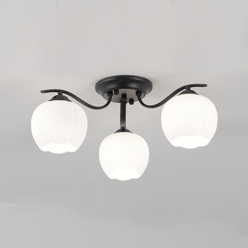 Glass Spherical Semi-Flush Mount Light Simple Living Room Ceiling Light in Black
