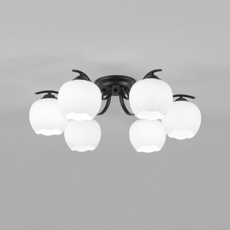 Glass Spherical Semi-Flush Mount Light Simple Living Room Ceiling Light in Black