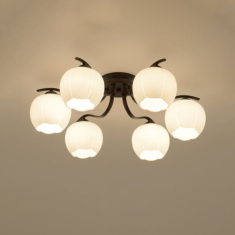Glass Spherical Semi-Flush Mount Light Simple Living Room Ceiling Light in Black