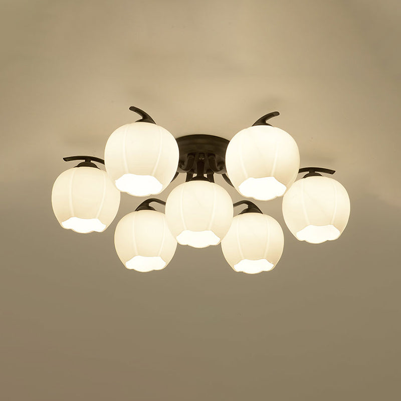 Glass Spherical Semi-Flush Mount Light Simple Living Room Ceiling Light in Black