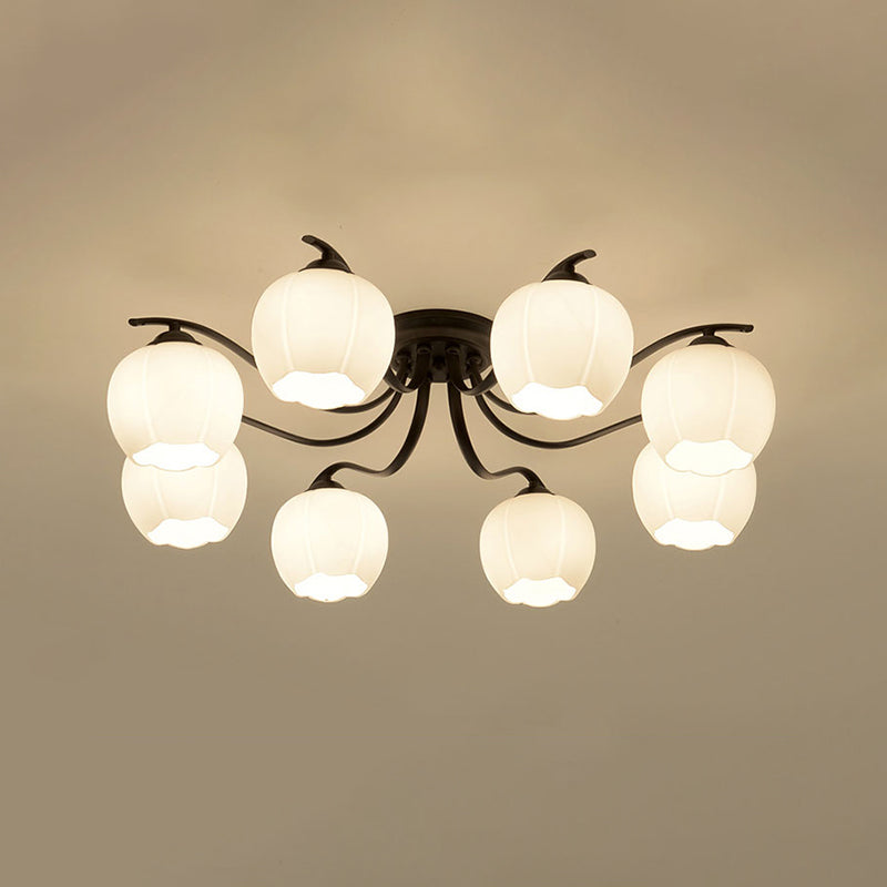 Glass Spherical Semi-Flush Mount Light Simple Living Room Ceiling Light in Black